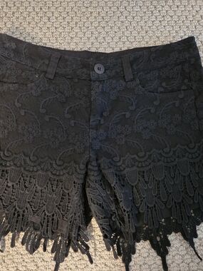 Monoreno Black Lace Overlay Fringe Shorts | Women's Medium | Boho Boutique